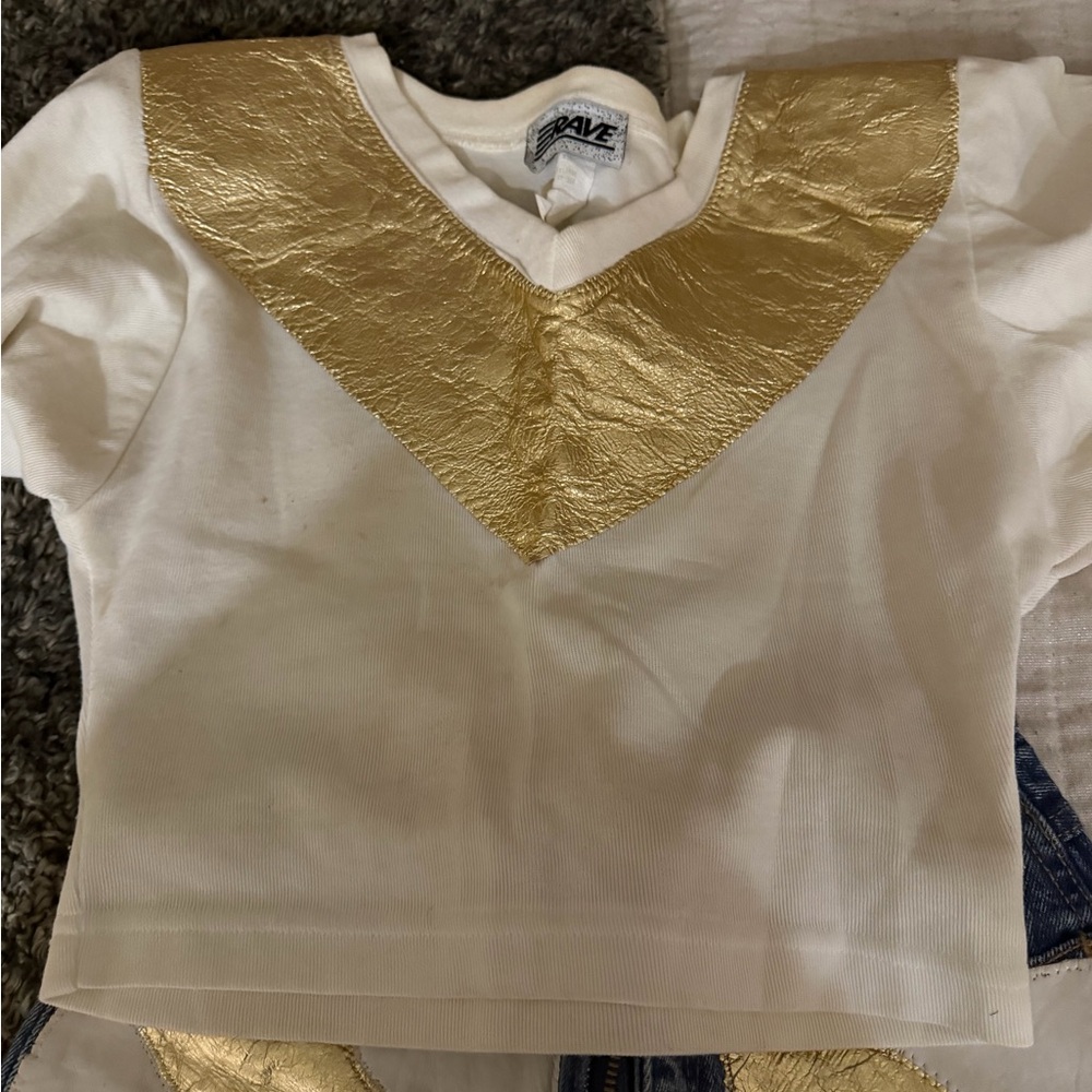 Rare 3/4 sleeve Vneck top an Gold and White leather Skinny Jean  hand made by me - Picture 2 of 3